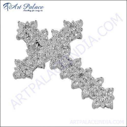 Designer Cubic Zirconia Gemstone Silver Cross Pendant
