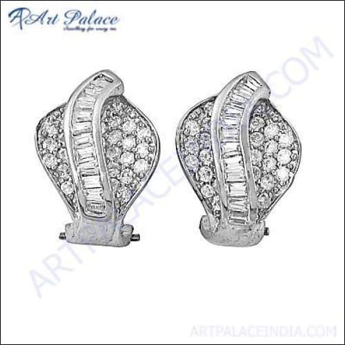 Designer Cubic Zirconia Gemstone Silver Earrings, 925 Sterling Silver Jewelry