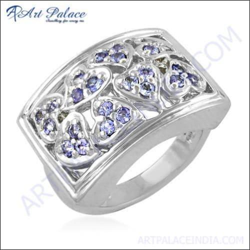 Designer Fret Work Gemstone Silver Ring With Iolite