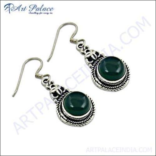 Designer Green Onyx Gemstone Silver Earrings Cabochon Silver Earrings Fashion Gemstone Earrings