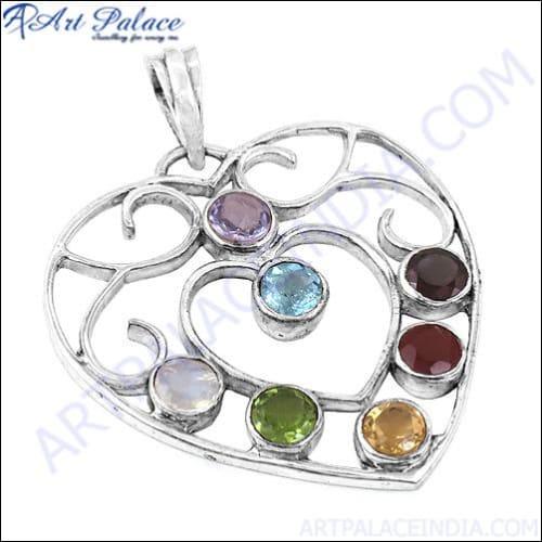 Designer Heart Look Multi Gemstone 925 Silver Pendant Adorable Multistone Pendant Stylish Multistone Pendant