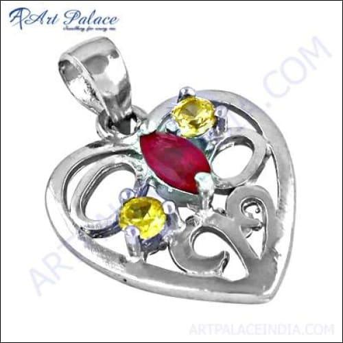 Designer Heart Style Lemon Quartz & Pink Glass Gemstone Silver Pendant