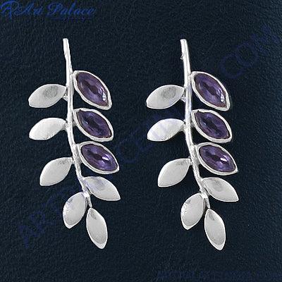 Designer Leaf 925 Sterling Silver Amethyst Gemstone Stud Earring Amethyst Gemstone Earring Leaf Design Earring