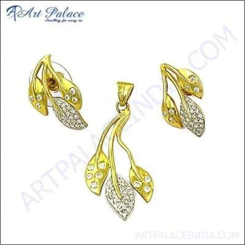 CZ Leaf Silver Pendant Earring Set Gold Plated
