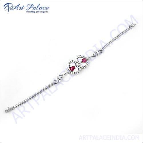 Designer Lovely Heart Shape Cubic Zirconia & Red Cubic Zirconia Gemstone Silver Bracelet Stylish Cz Bracelet Pretty Cz Bracelet