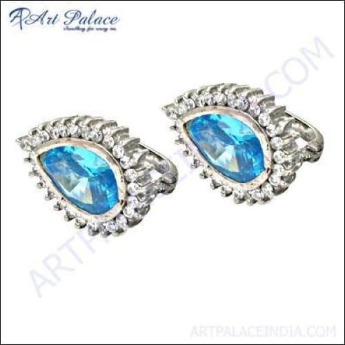 Designer Party Wear Blue Topaz & Cubic Zirconia Silver Earrings Superior Cz Earrings Pretty Cz Earrings