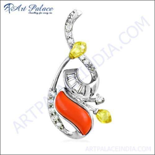 Designer Yellow & White Cz & Coral Gemstone Silver Pendant