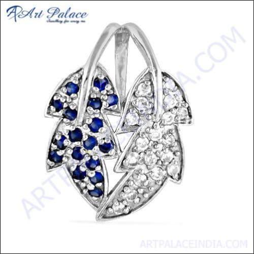 Double Leaf Style Ink & White Cubic Zirconia Gemstone Silver Pendant
