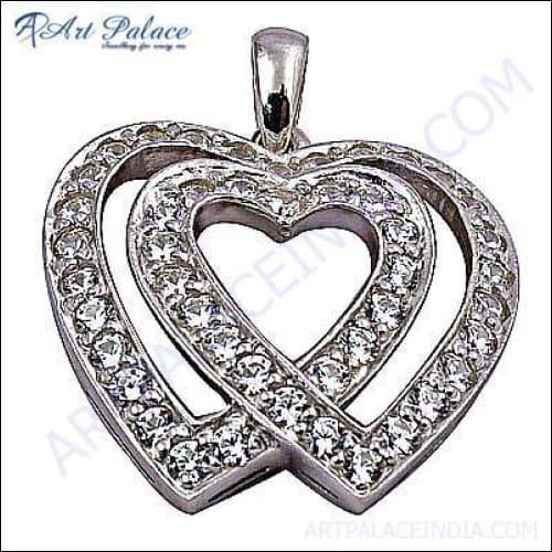 Dual Heart Style Cubic Zirconia Gemstone Silver Pendant