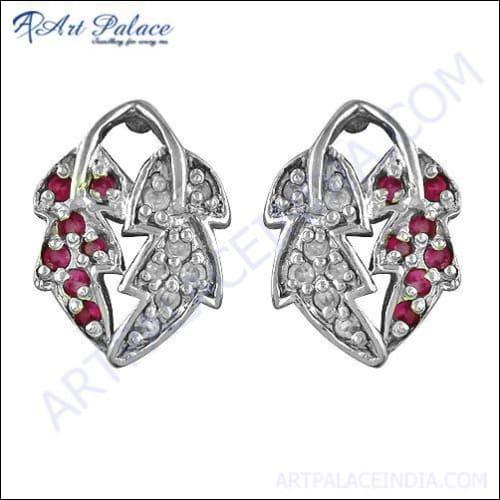 Dual Leaf Style Pink & White CZ Gemstone Silver Earrings