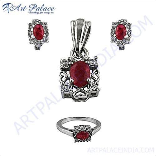 Dyed Ruby & Cubic Zirconia Silver Jewelry Set