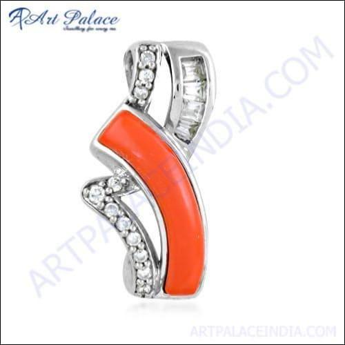 Elegant Fancy Coral & Cz Gemstone Silver Pendant