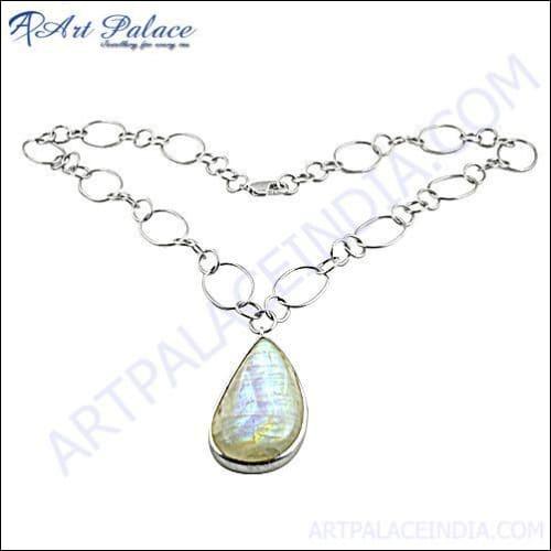 Elegant Fancy Rainbow Moonstone Gemstone Silver Necklace