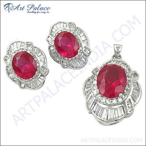 Elegant Fancy Sterling Silver Gemstone Pendant Set With Pink Glass & Cubic Zirconia