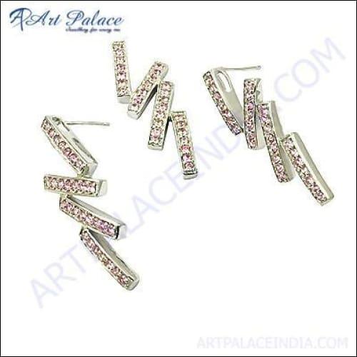 Elegant Fancy Sterling Silver Pendant Set With Pink Cubic Zirconia Gemstone Pink Cz Sets Cz Silver Sets