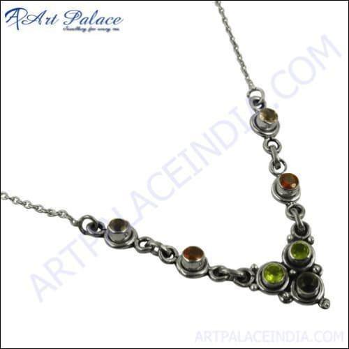 Elegant Fashion Amethyst, Garnet, Iolite & Peridot Silver Necklace