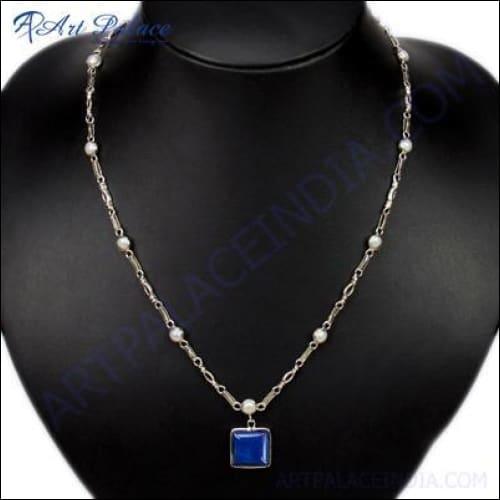 Elegant Fashion Lapis Lazuli & Pearl Gemstone Silver Necklace