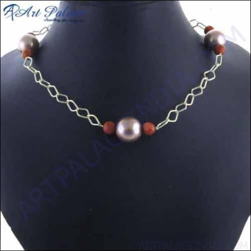 Elegant Fashion Pink Pearl & Sponge Coral Gemstone Silver Necklace