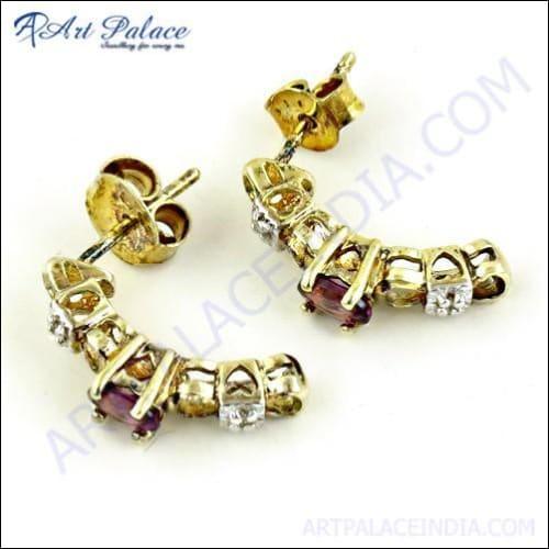 Elegant Garnet & Cubic Zirconia Gemstone Silver Gold Plated Earrings
