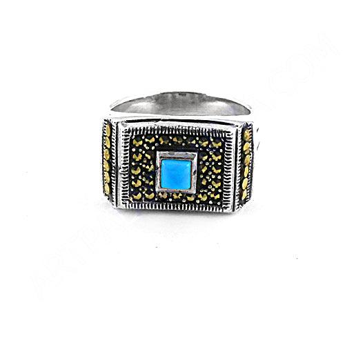 Elegant Gun Metal & Synthetic Turquoise Stone 925 Silver Ring Party Wear Rings Marcasite Silver Rings