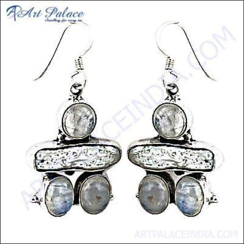 Elegant Pearl & Rainbow Moonstone Gemstone Silver Earrings Awesome Gemstone Earrings Hook Earrings