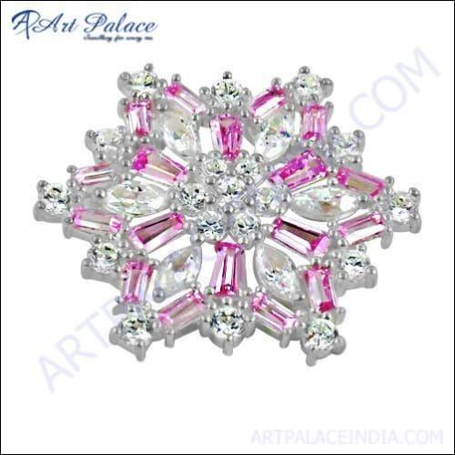 Elegant Pink & White Cubic Zirconia Gemstone Silver Pendant
