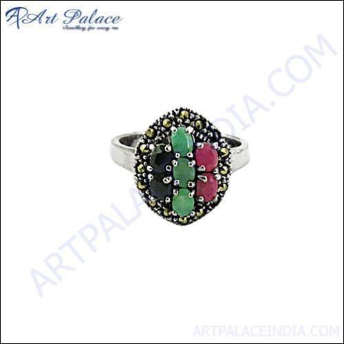 Emerald & Ruby & Sapphire & Gun Metal Silver Ring Brilliant Marcasite Rings Gorgeous Rings