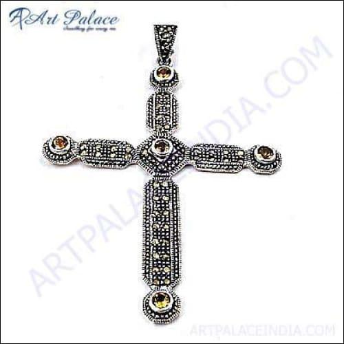 Ethinc Designer Cross Silver Pendant With Citrine Citrine Ethnic Pendant Gemstone Silver Pendant