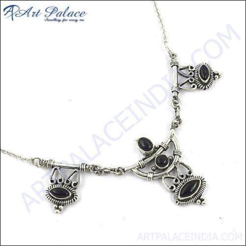 Ethnic Design In Simple Silver Black Onyx Gemstone Necklace Jewelry, 925 Sterling Silver