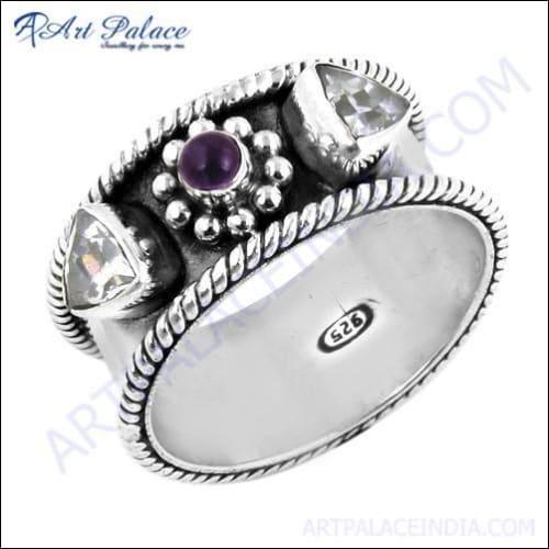 Ethnic Designer Affrican Amethyst & Cubic Zirconia Silver Ring