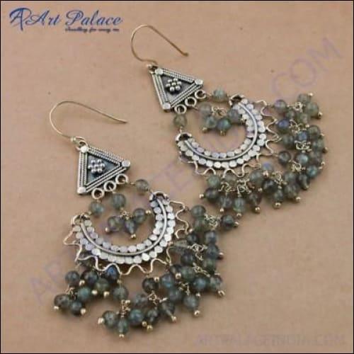 Ethnic Designer Black Onyx & Rainbow Moonstone Silver Earrings Beads Earring