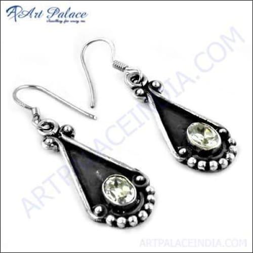 Ethnic Designer Cubic Zirconia Gemstone Silver Earrings, 925 Sterling Silver Jewelry