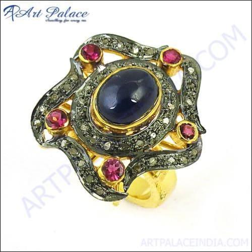 Ethnic Designer Diamond & Ruby & Spinel Sapphire Gold Plated Silver Ring Victorian Rings Fashion Rings