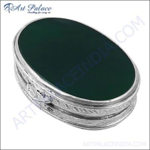 Ethnic Designer Green Onyx Gemstone Silver Box Oval Gemstone Box Coolest Gemstone Box