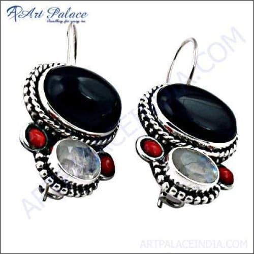 Ethnic Designer Multi Stone Silver Earrings Fabulous Gemstone Earrings Gemstone Silver Earrings