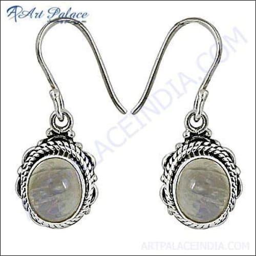 Ethnic Designer Rainbow Moonstone Silver Earring White Gemstone Earrings High Class Earring