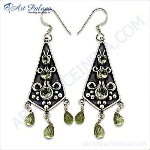 Ethnic Designer Silver Earrings In Lemon Quartz Natural Gemstone Earrings Handmade Ethnic Earrings