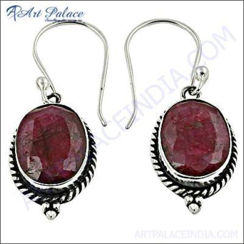 Ethnic Designer Silver Earrings With Died Ruby Gemstone Ethnic Earrings Perfect Gemstone Earrings