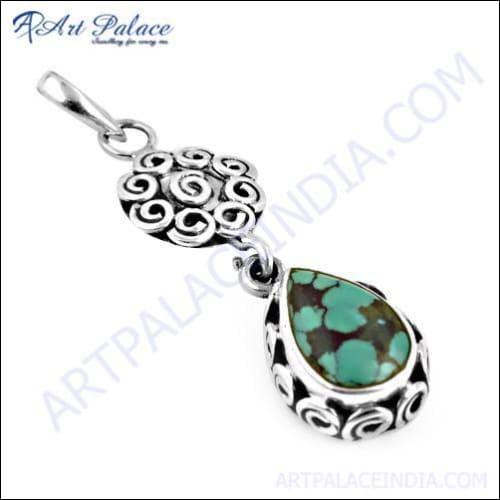 Ethnic Work Gemstone Silver Pendant With Turquoise Fashionable Pendant Energy Pendant