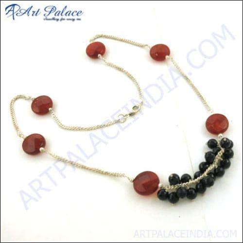 Excellent & Elegant Fancy Black & Red Onyx Gemstone Silver Necklace