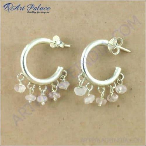 Excellent Beaded Silver Earrings With Rose Quartz Bali Beads Earrings Stunning Beads Earrings