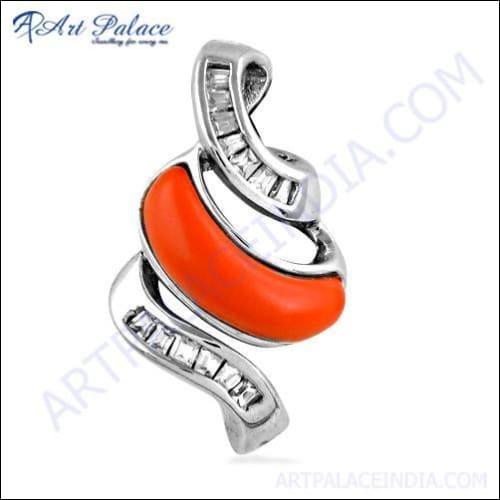 Excellent New Coral & Cz Gemstone Silver Pendant