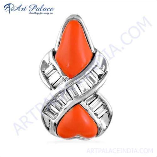 Excellent New Fashion Coral & Cz Gemstone Silver Pendant