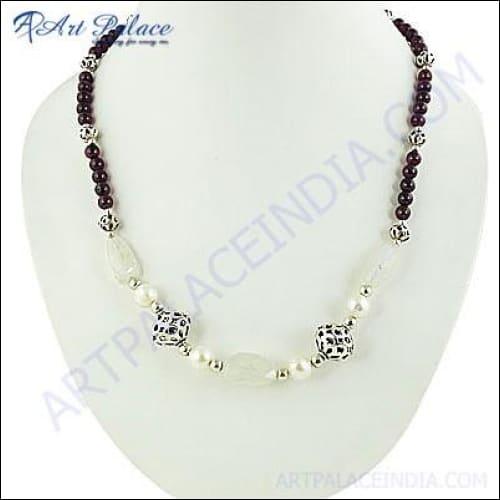 Excellent New Fashionable Garnet & Pearl Beads 925 Silver Necklace