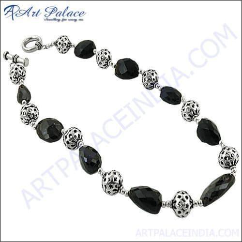 Exclusive Black Onyx Gemstone Beads 925 Silver Necklace.