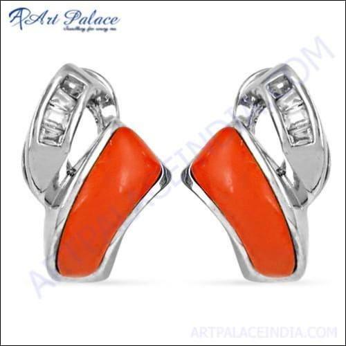 Exclusive Coral & Cubic Zirconia Gemstone Silver Earring