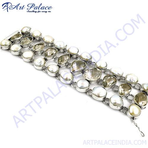 Exclusive Crystal & Pearl Gemstone Silver Bracelet, 925 Sterling Silver Jewelry Party Wear Bracelet Exciting Gemstone Silver Bracelet