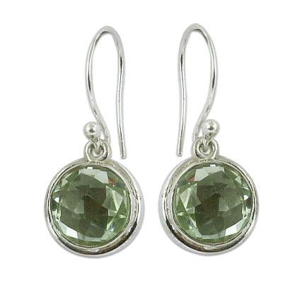 Exclusive Green Amethyst Silver Gemstone Earrings Round Green Amethyst Earrings Cut Stone Earrings