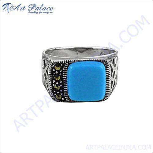 Exclusive Gun Metal & Synthetic Turquoise Silver Ring Fashionable Gemstone Rings Latest Marcasite Rings