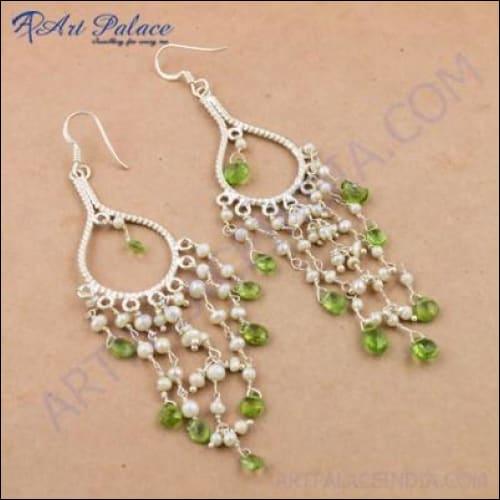 Exclusive Pearl & Peridot Gemstone Silver Bali Beaded Earrings Designer Beaded Earrings Coolest Beaded Earrings